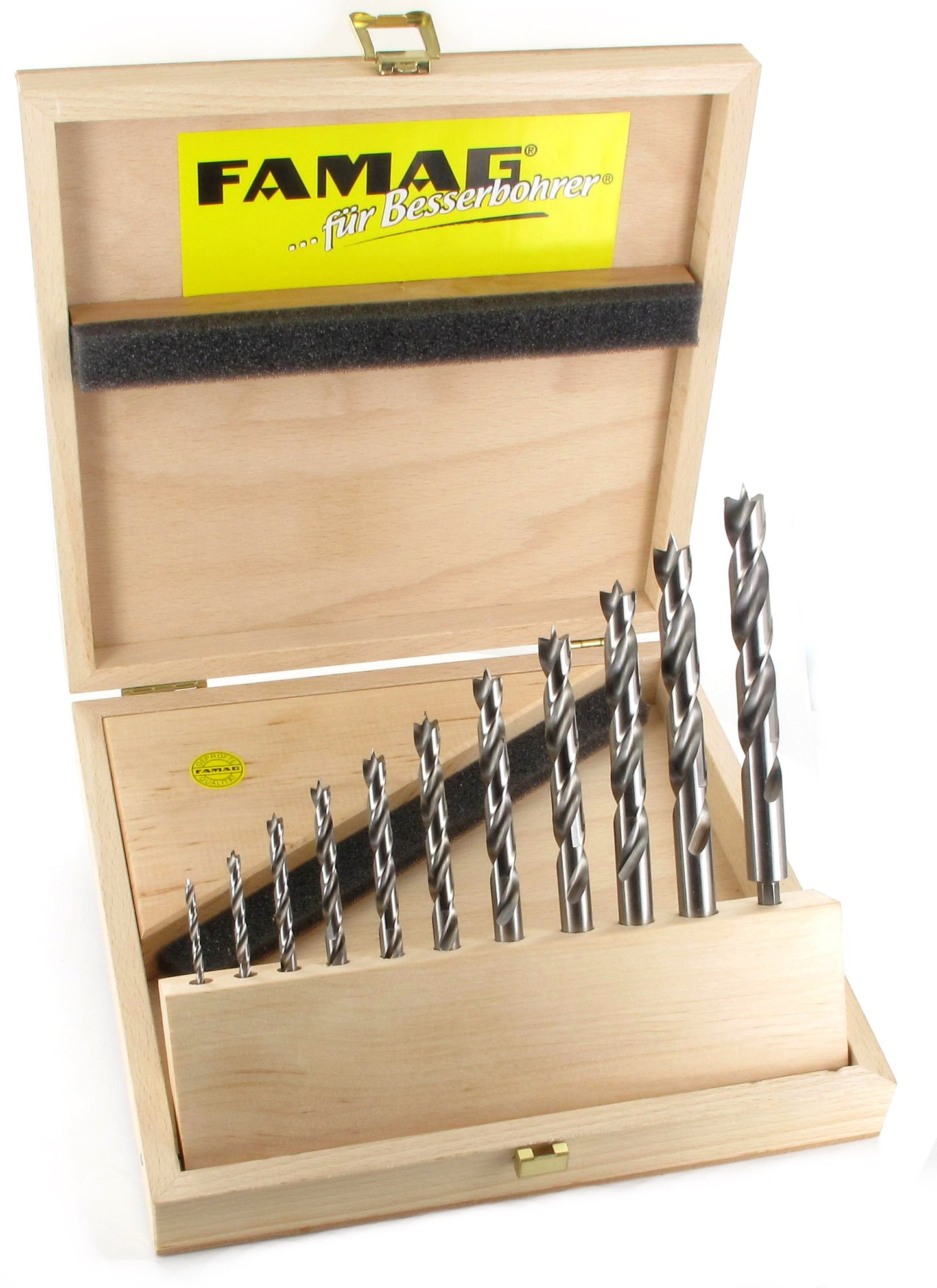 FAMAG 7pcs HSS-ground 1/4" Hex Long Shank Brad Point Drill Bit Set in Wooden Case, 1597511