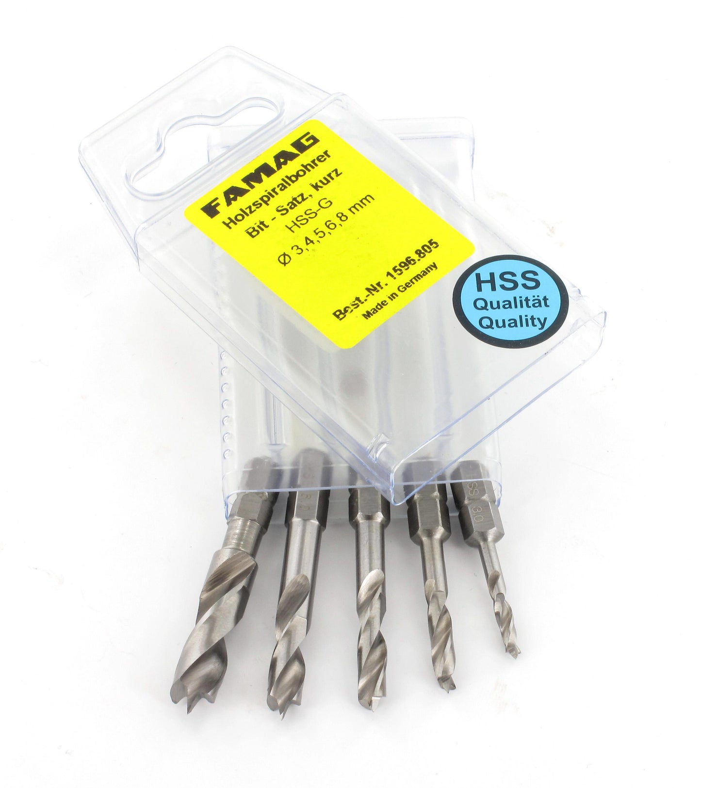 FAMAG 5pcs HSS-ground 1/4" Hex Short  Shank Brad Point Drill Bit Set in Case, 1596805